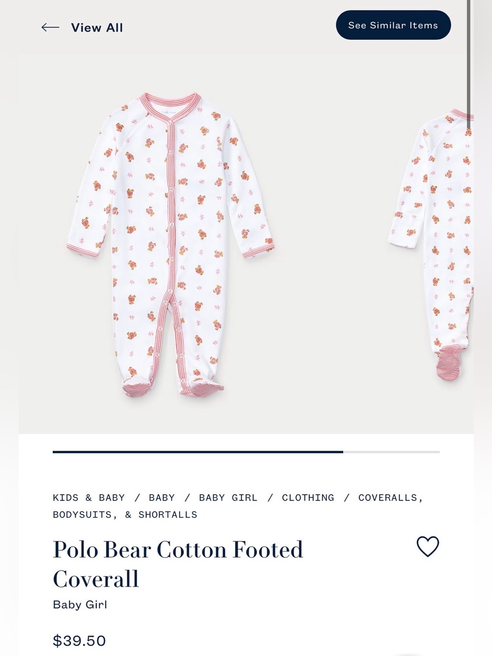 Polo by Ralph Lauren White Footed Coverall with Pink Trim and Bear Print